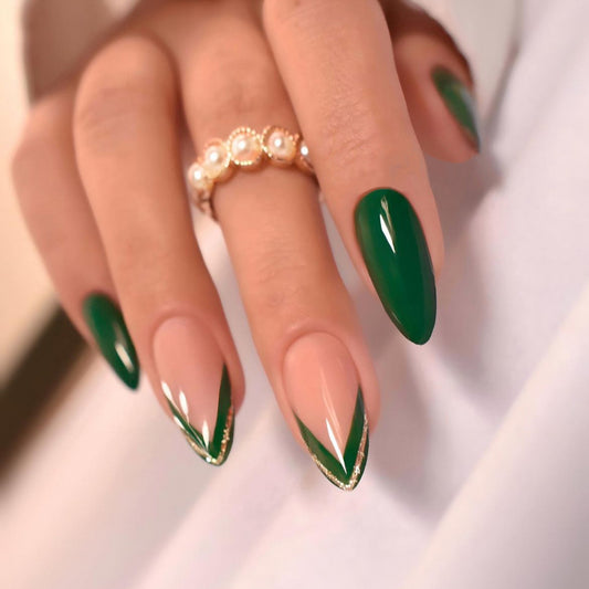 Emerald Elegance Long Almond Deep Green Press On Nails with Gold Trim Detail