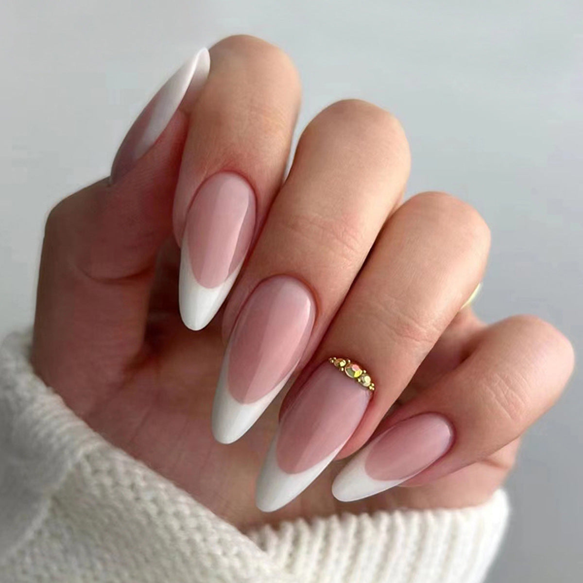 Chic Elegance Long Almond Press On Nail Set, Soft Pink with White French Tips and Rhinestone Embellishment