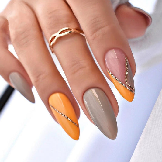 Autumn Chic Long Almond Press On Nail Set, Two-Tone Taupe and Pumpkin with Gold Glitter Diagonal Detail