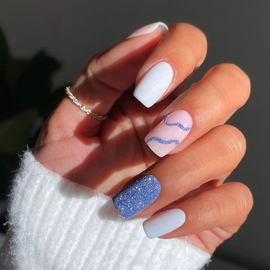 Winter Sparkle Short Square White Press-On Nails with Glitter Accent and Wave Detail