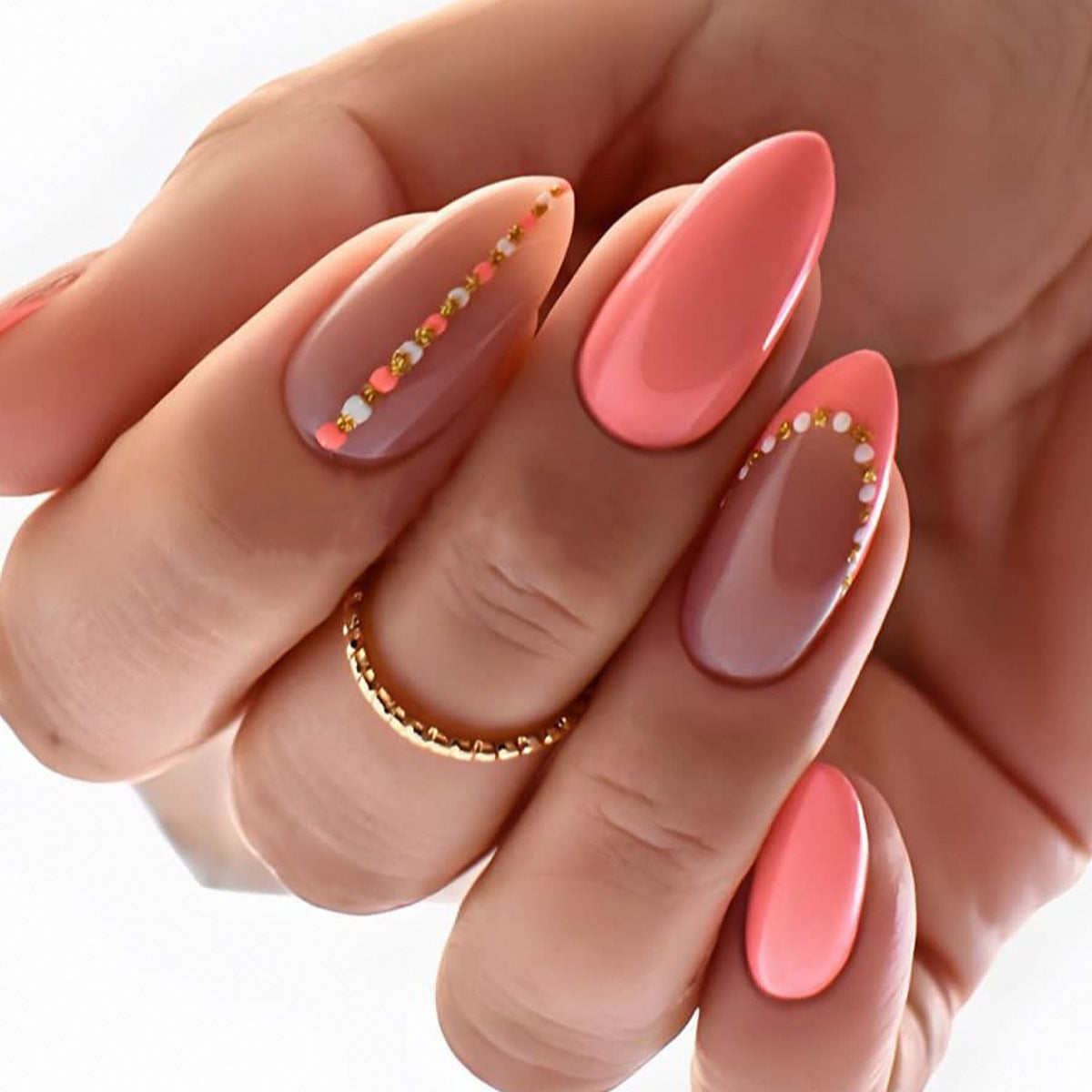 Coral Charm Medium Almond Peach Press-On Nail Set with Gold Bead Accents