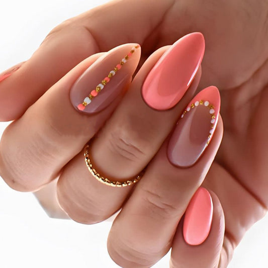 Coral Charm Medium Almond Peach Press-On Nail Set with Gold Bead Accents