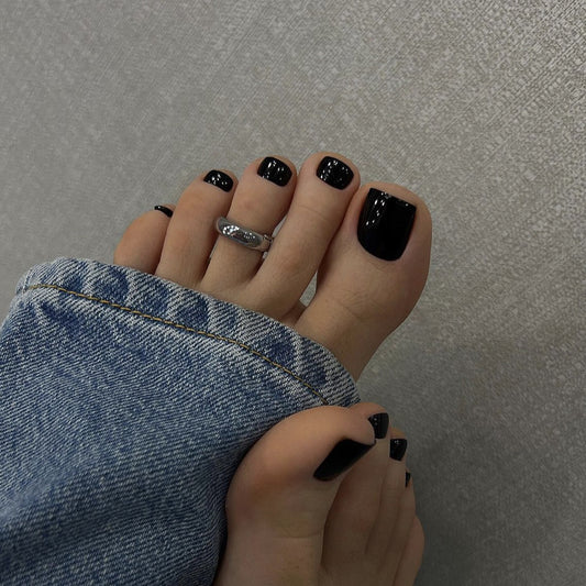 Denim Days Short Square Jet Black Press On Toenail Set with Glossy Finish