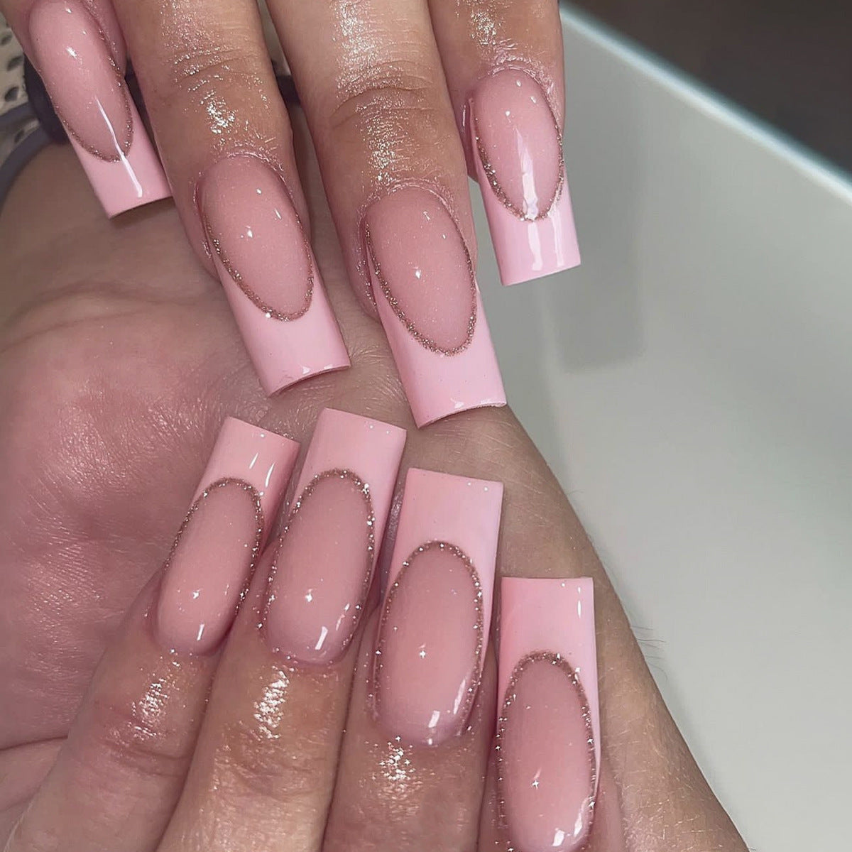 Baby Pink Bliss Extra Long Square Press-On Nail Set with Rhinestone Contour Detail