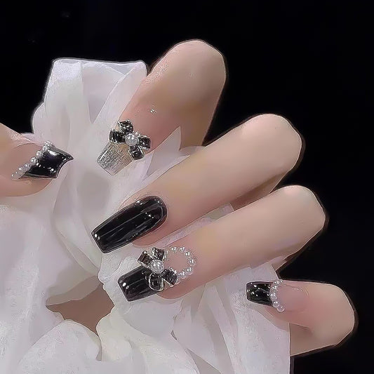 Elegant Evening Medium Coffin Press-On Nails with Glossy Black Finish and Silver Rhinestone Accents