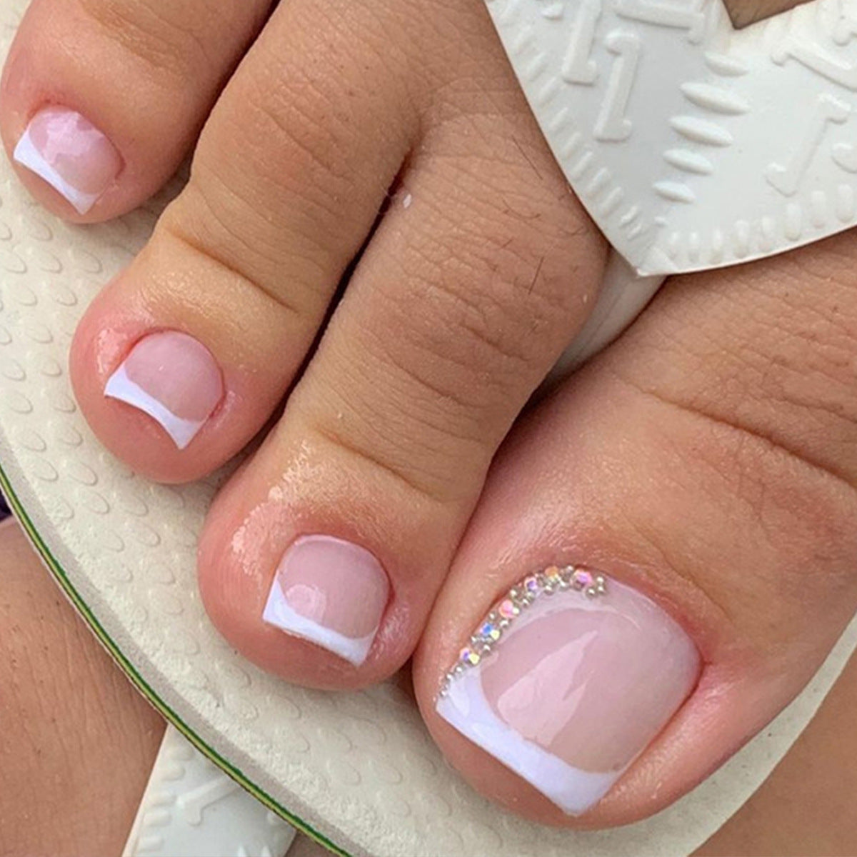 Luxury Spa Short Square Baby Pink Press On Toenail Set with French Tips and Rhinestone Embellishments
