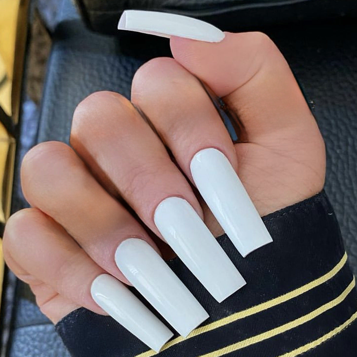 Sleek Sophistication Extra Long Square Press On Nail Set in Classic White with Glossy Finish