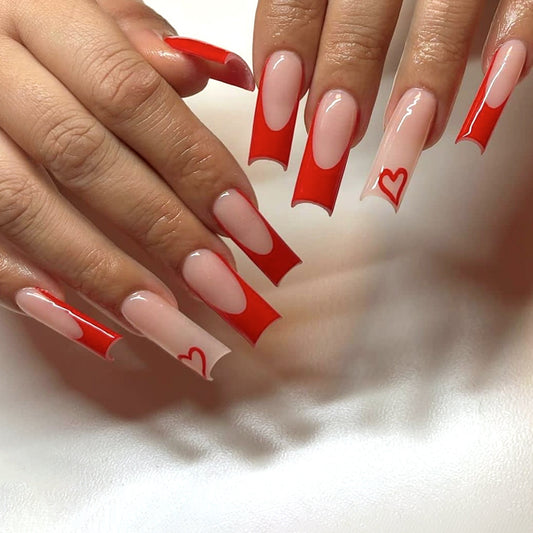 Love Affair Long Square Beige and Red French Tip with Heart Accents Press On Nail Set