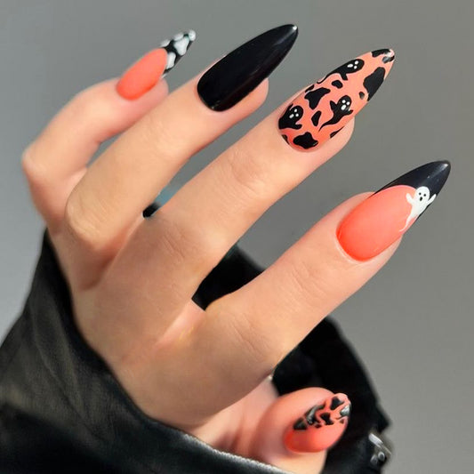 A Bunch of Ghosts Long Almond Black Halloween Press On Nails