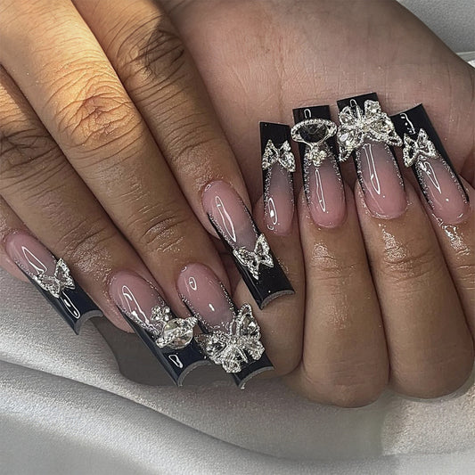 Enchanted Evening Extra Long Square Onyx Press On Nails with Silver Glitter Detailing and Rhinestone Accents