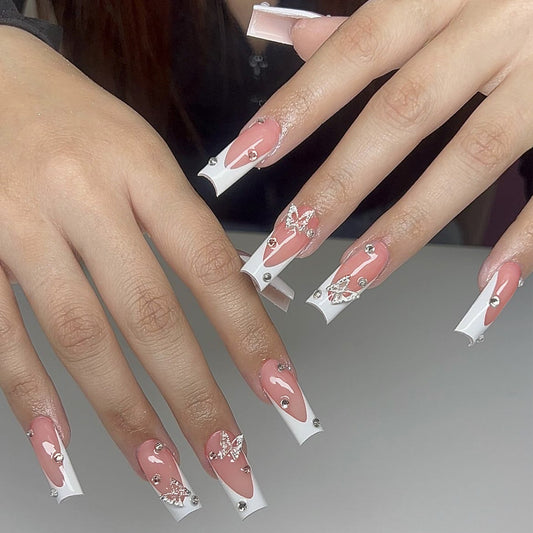 Bridal Bliss Long Square Pink and White Press On Nail Set with Silver Glitter Accents and Rhinestone Embellishments
