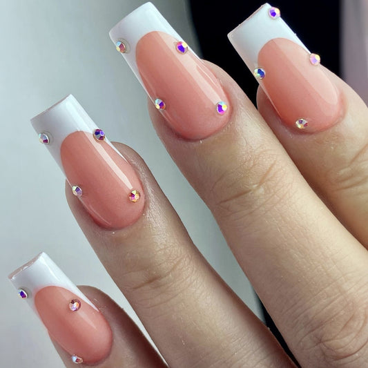 Crystal Chic Long Square Peach Press On Nail Set with White Tips and Multicolored Rhinestone Accents