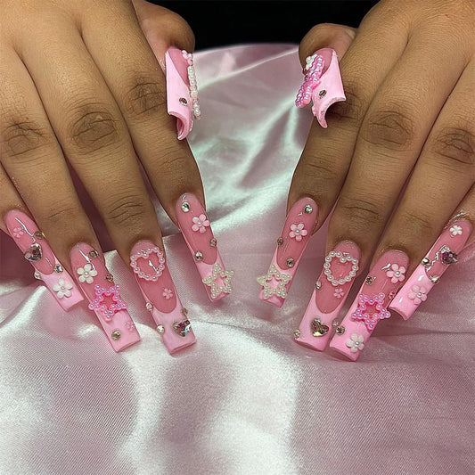 Sakura Blossom Extravaganza Extra Long Square Baby Pink Press On Nails with Floral and Gemstone Embellishments