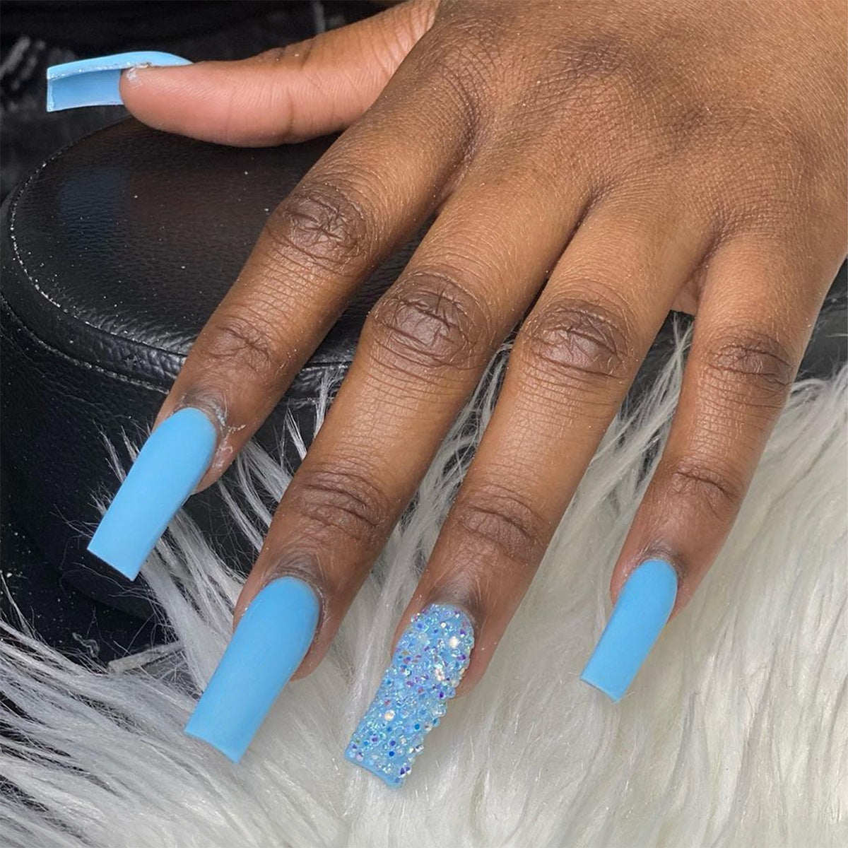 Glacial Chic Long Square Sky Blue Press On Nail Set with Glitter Accent Nail