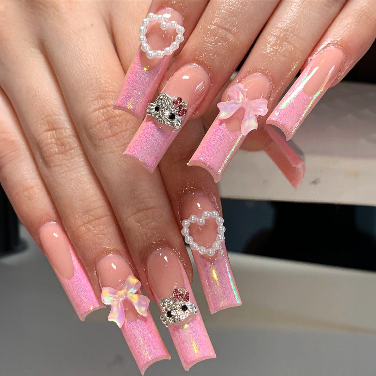 Enchanted Evening Extra Long Coffin Baby Pink Press On Nails With Iridescent Glitter And Jewel Embellishments