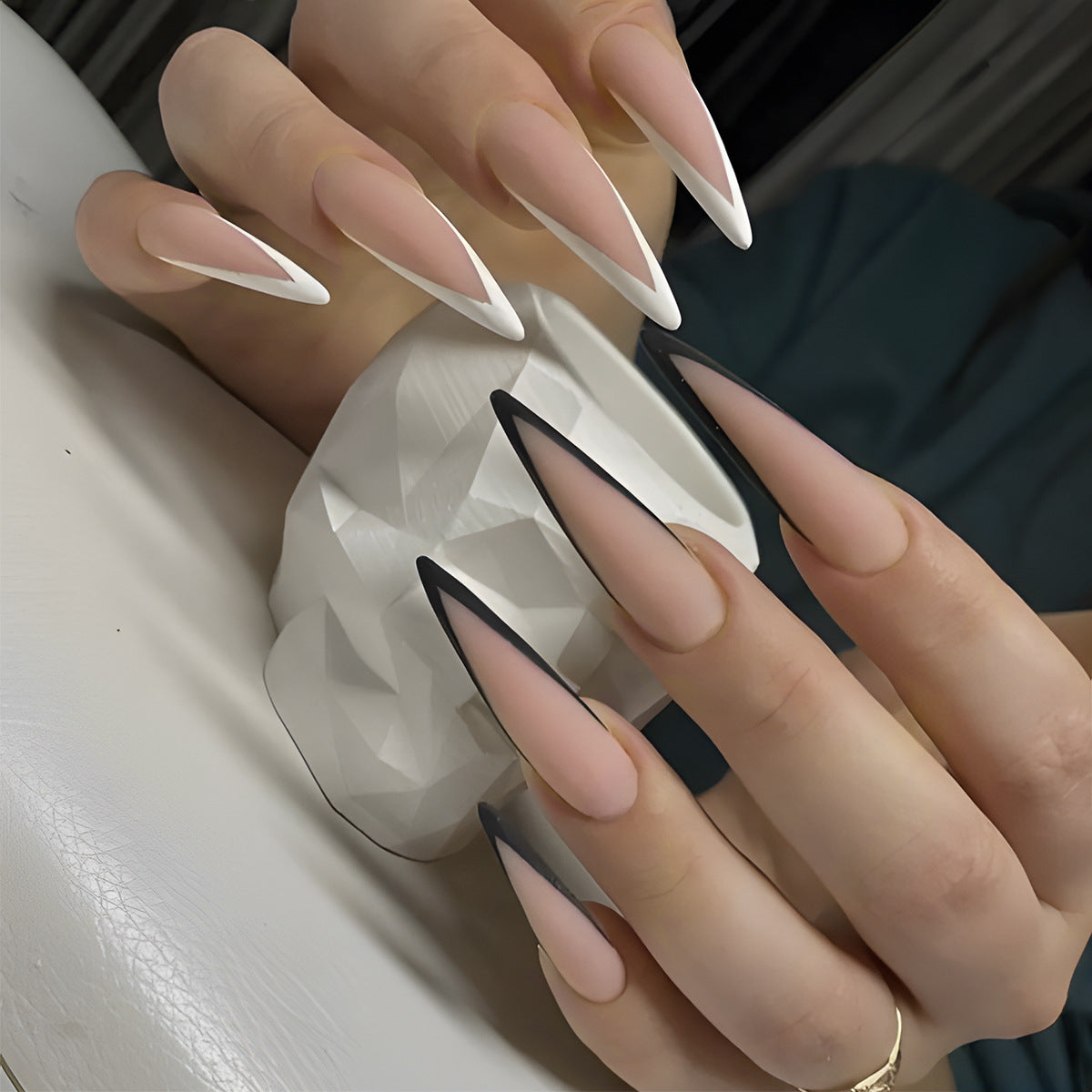 Chic Extra Long Stiletto Two-Tone Press On Nails with Beige Base and Black Tips