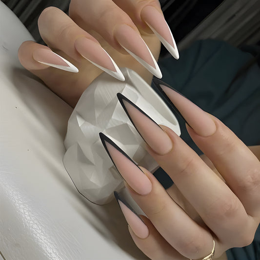 Chic Extra Long Stiletto Two-Tone Press On Nails with Beige Base and Black Tips