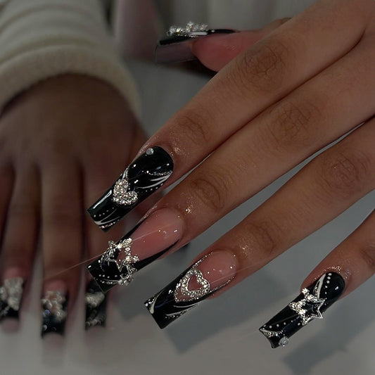 Glamorous Gala Extra-Long Coffin Black and Beige Press-On Nail Set with Rhinestone Accents and Star Designs