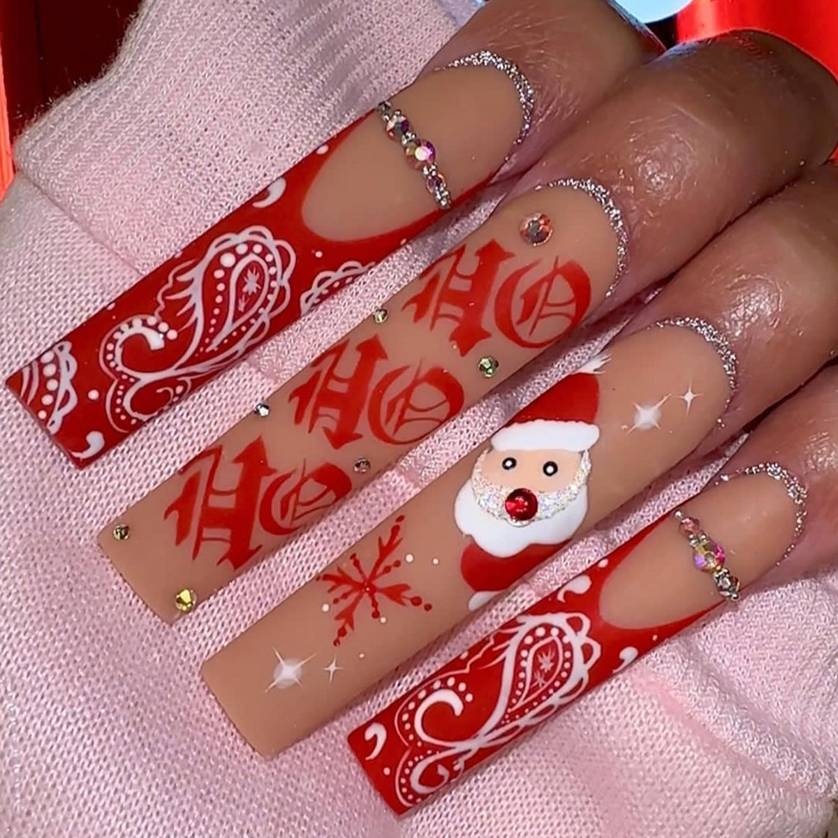 Holiday Cheer Extra Long Square Red Press On Nails with Santa and Snowflake Designs