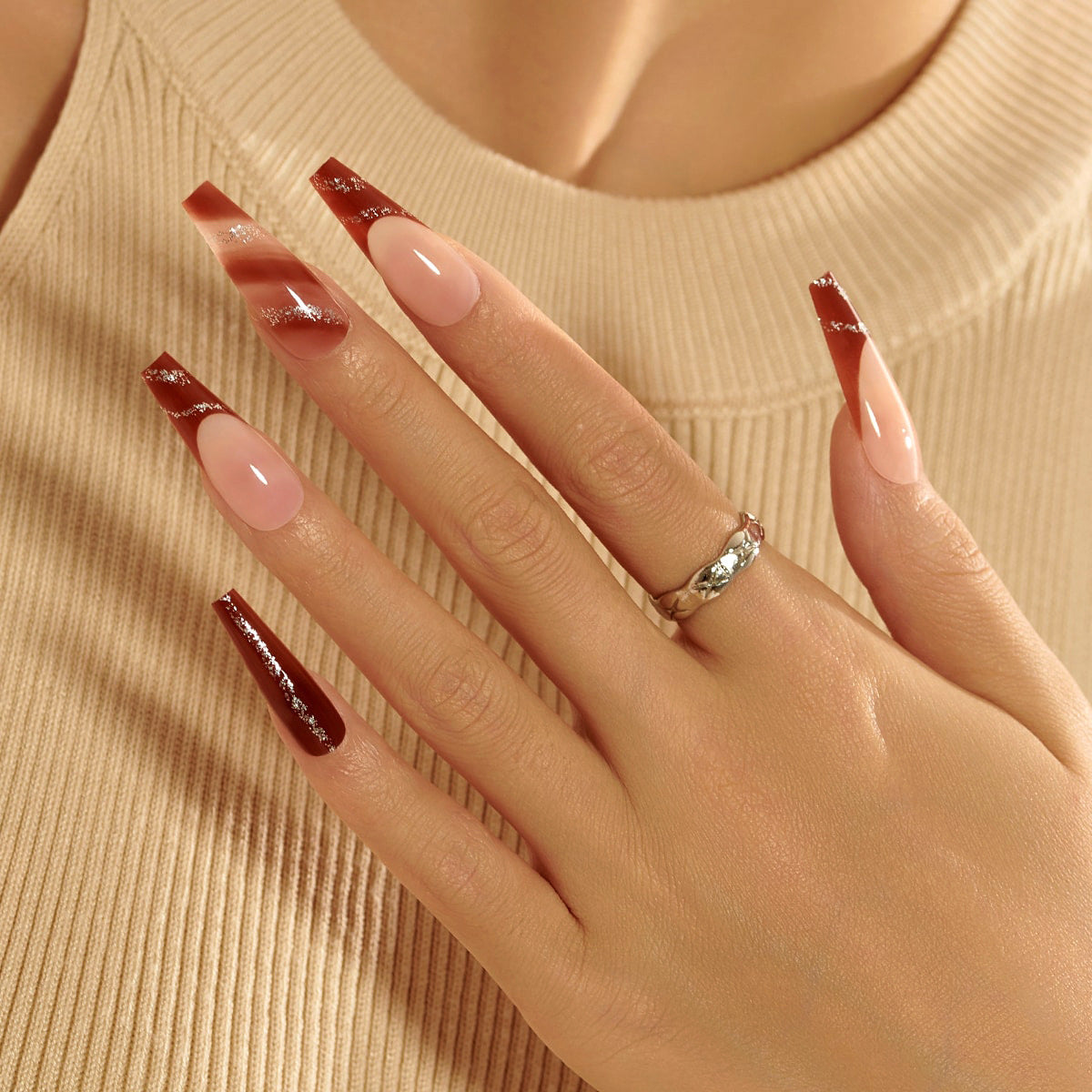 Elegant Affair Extra-Long Coffin Press-On Nail Set in Beige with Burgundy Glitter Accents