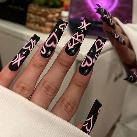 Cosmic Love Extra Long Square Black Press-On Nails with Pink Heart and Star Accents