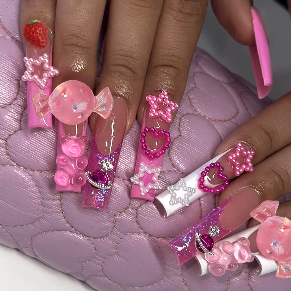 Fantasy Long Coffin Pink Press On Nails with 3D Charms and Glitter Accents