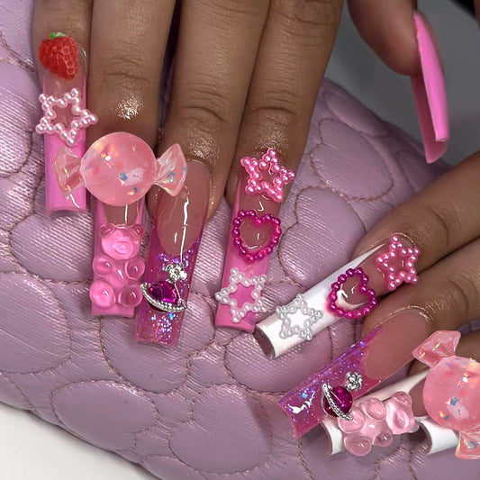 Fantasy Long Coffin Pink Press On Nails with 3D Charms and Glitter Accents