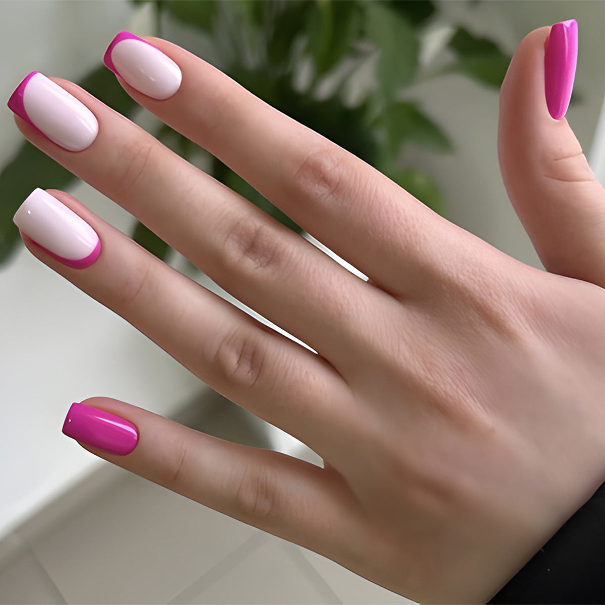 Chic Contrast Medium Square White Press-On Nail Set with Fuchsia Tips