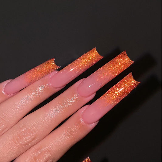 Autumn Glow Extra Long Square Beige Press On Nail Set with Orange Glitter Tips