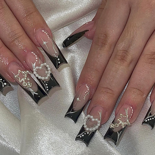 Starry Night Long Square Black to Pink Ombre Press-On Nails with Celestial and Pearl Embellishments