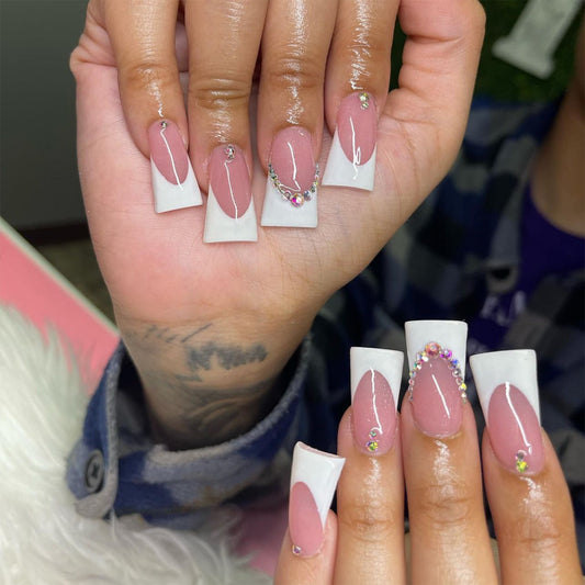 Elegant Affair Medium Length Duck Press On Nails in Pink and White with Rhinestone Embellishments