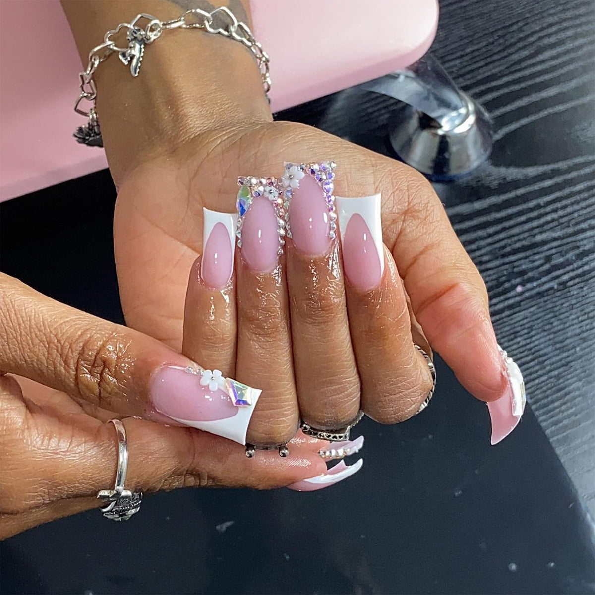Glamour Queen Long Duck Lavender Press-On Nails with White French Tips and Crystal Embellishments