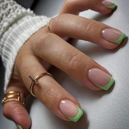Slime Me Short Square Nude Green French Tip Press On Nails