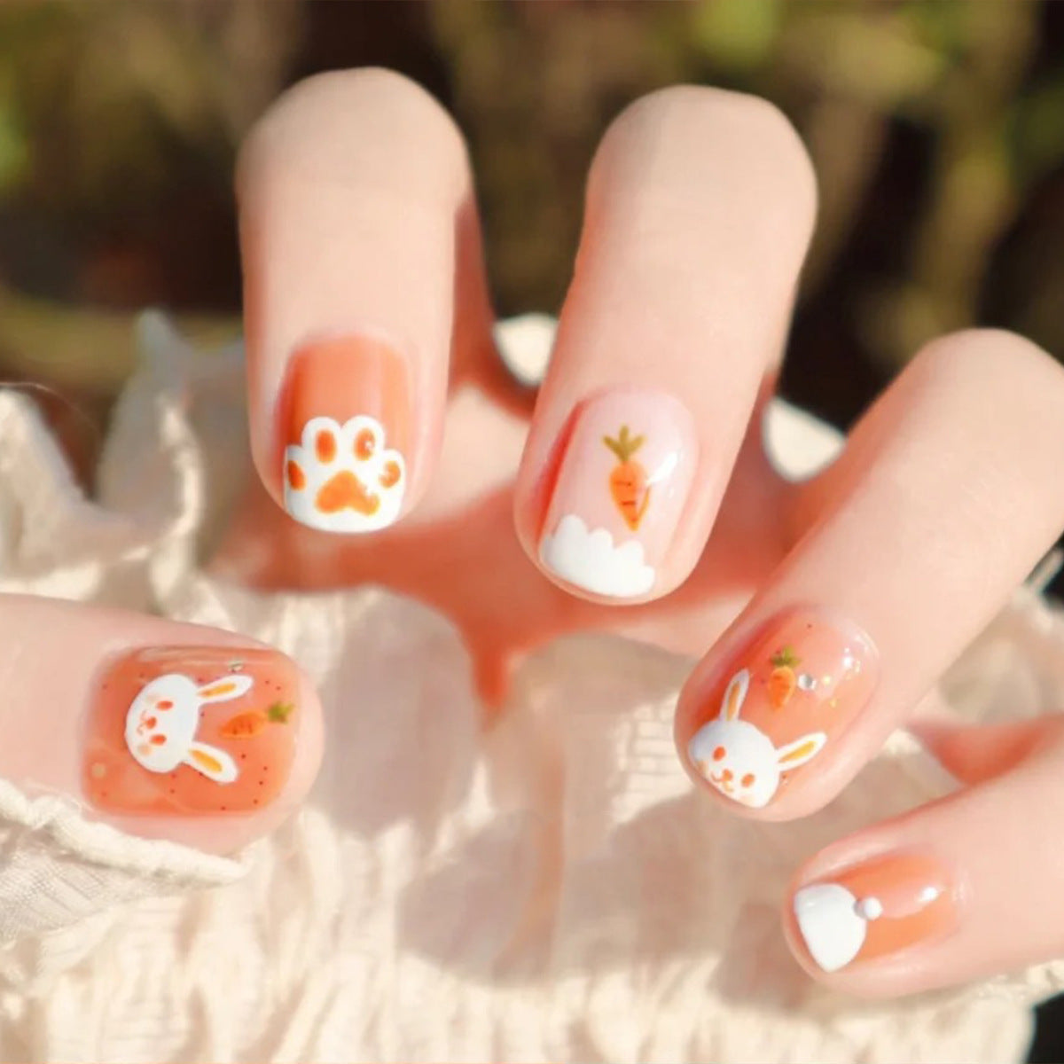 Whimsical Woodland Short Squoval Peach Press On Nails with Bunny and Carrot Designs
