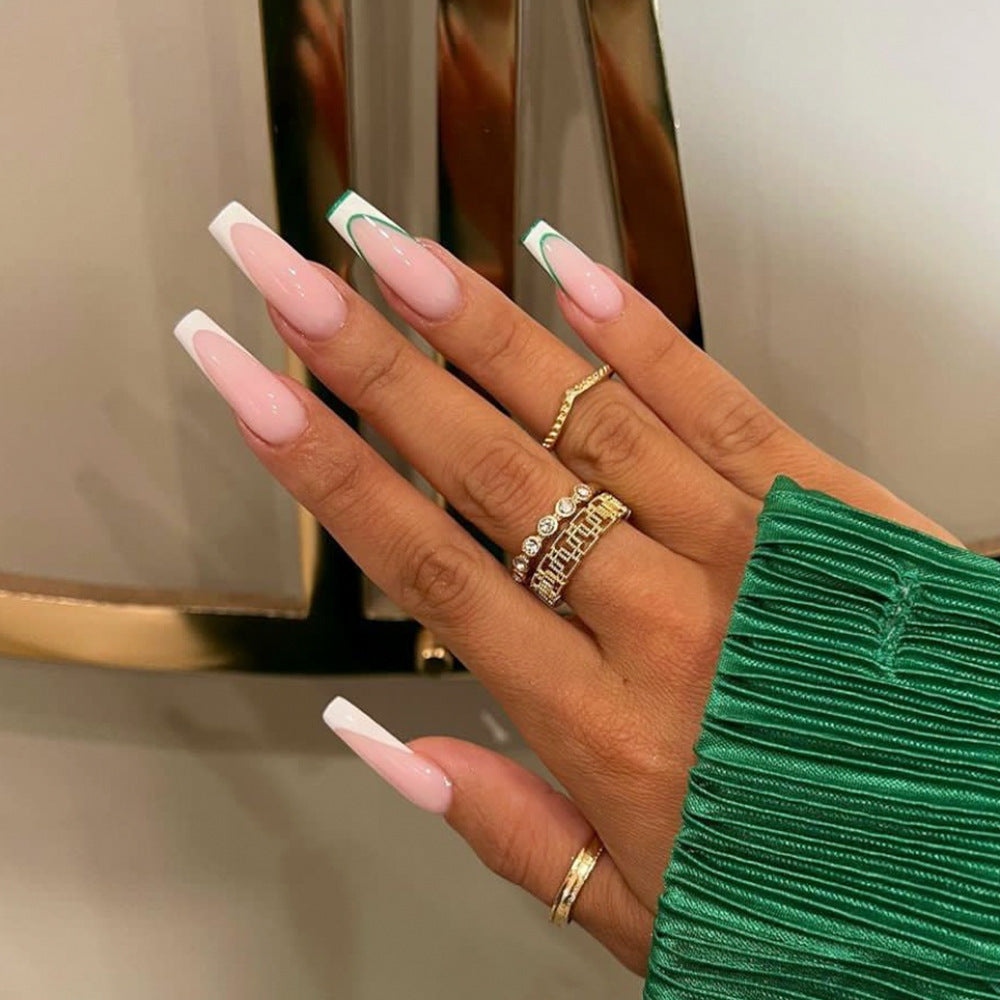Emerald Elegance Long Coffin Press On Nail Set, Soft Pink with Emerald Green French Tips