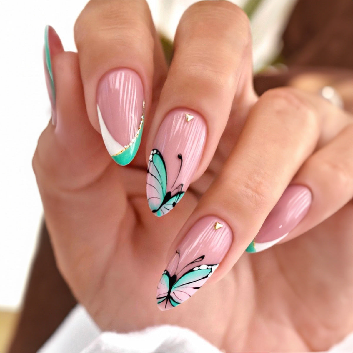 Butterfly Kisses Long Almond Press On Nail Set, Soft Pink with Turquoise French Tips and Delicate Butterfly Art