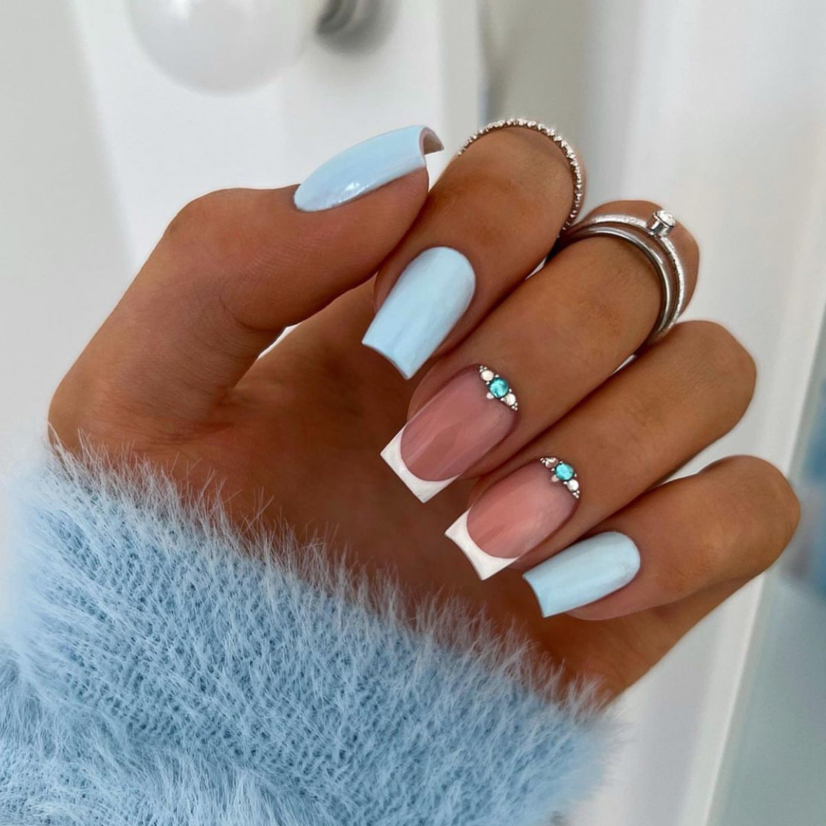 Winter Frost Medium Square Baby Blue and Beige Press On Nails with Rhinestone Accents