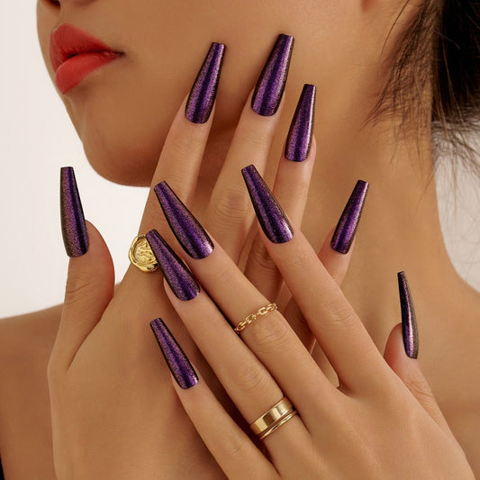 Cosmic Shimmer Extra-Long Coffin Press-On Nail Set in Metallic Purple with Holographic Finish