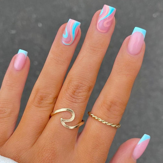 Cotton Candy Swirl Medium Square Pink Press On Nails with Blue Accents and Marble Design