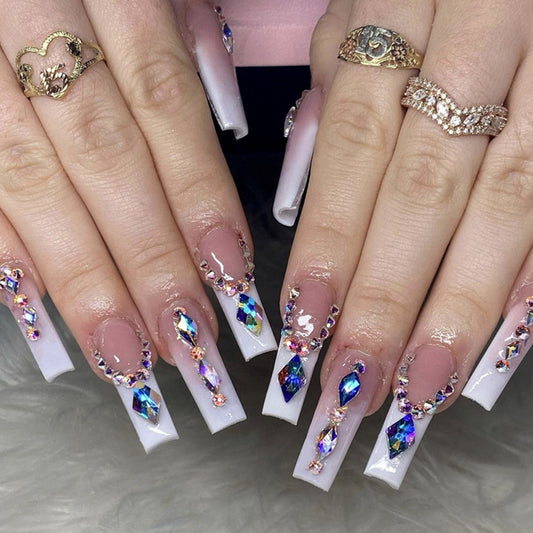 Luxe Jewel Long Square White Press On Nails with Multicolor Gem Accents