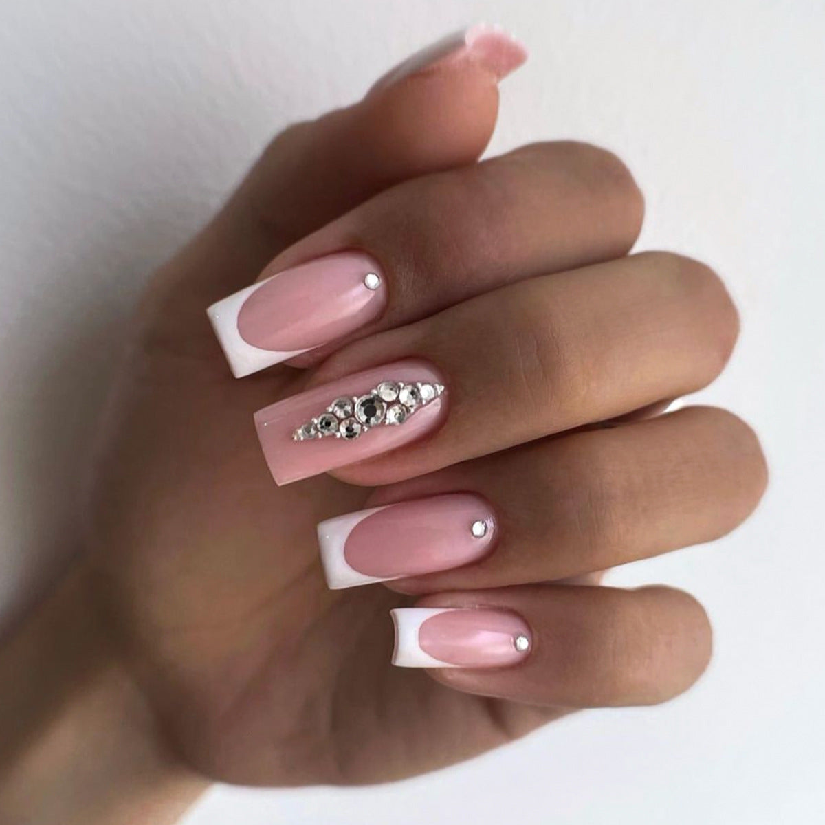Bridal Bliss Long Square French Tip Press-On Nail Set in Soft Pink with Crystal Embellishments