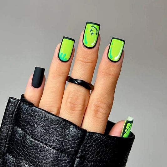 Electric Nights Medium Square Press On Nail Set, Matte Black and Neon Green with Glow-in-the-Dark Accents