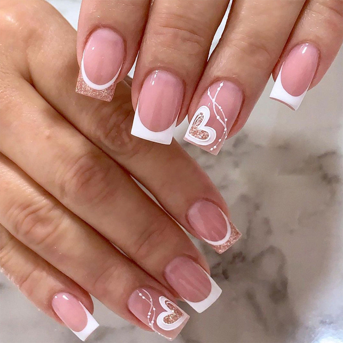 Romantic Affair Medium Square French Tip Press On Nail Set, Beige Pink with White Tips and Glitter Heart Accents