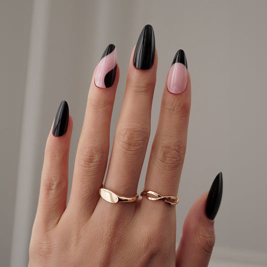 Chic Contrast Medium Almond Black and Blush Pink Press-On Nails with Geometric Accents