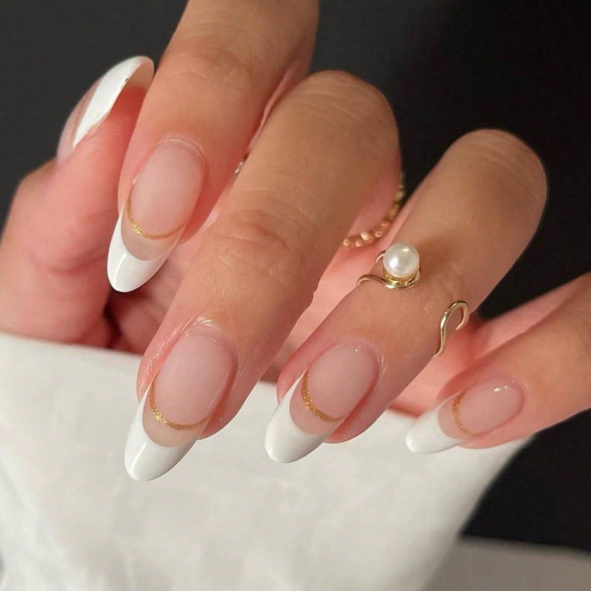 Gilded Grace Long Oval White Press On Nails with Gold Trim Accents