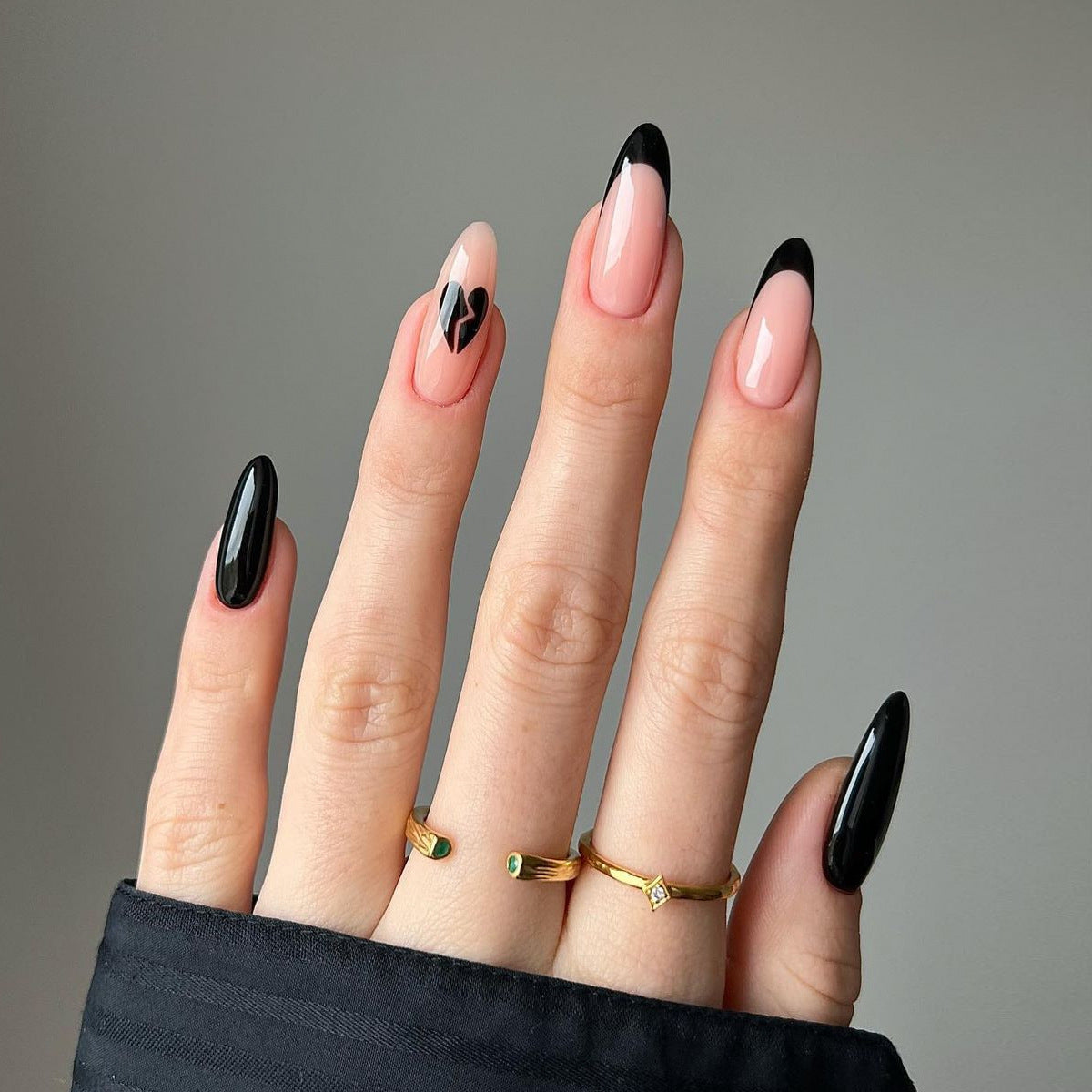Chic Contrast Long Almond Beige and Black Press On Nails with Abstract Design