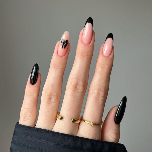 Chic Contrast Long Almond Beige and Black Press On Nails with Abstract Design