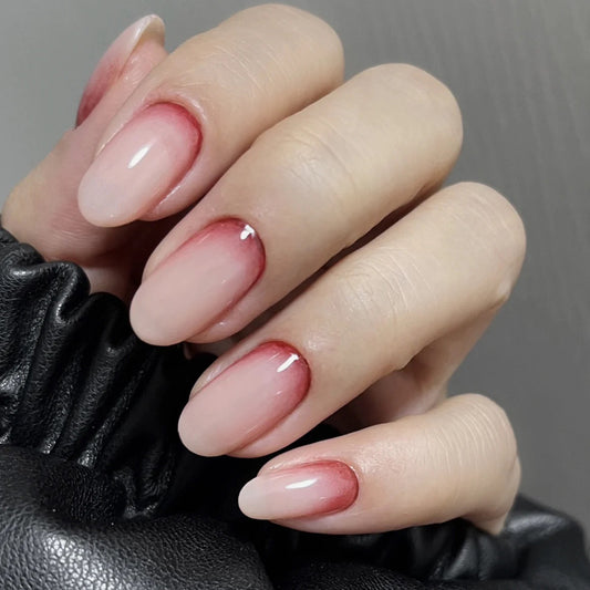 Natural Elegance Medium Oval Beige Press-On Nails with Subtle Red Tips