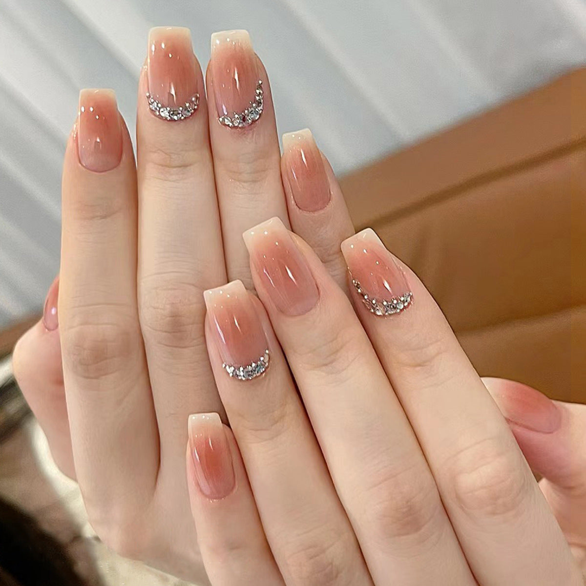 Elegant Affair Medium Square Beige Press On Nails with Silver Glitter Crescent Detail