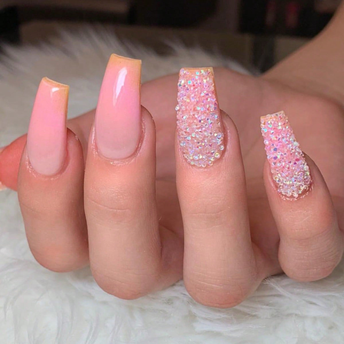 Peachy Keen Long Square Ombre Press On Nails with Full Coverage Glitter Accents